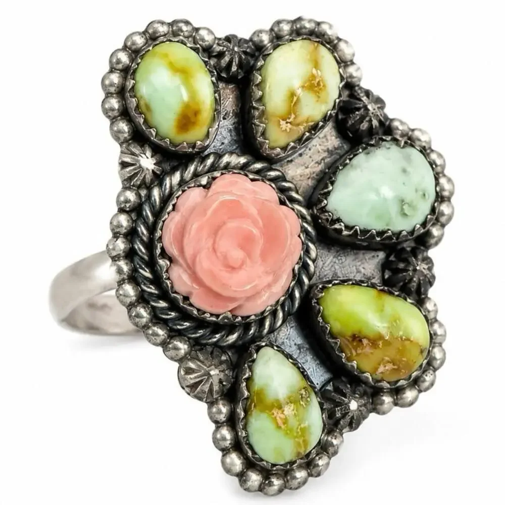Palamino Variscite & Pink Conch Rose Half Cluster .925 Sterling Silver Ring